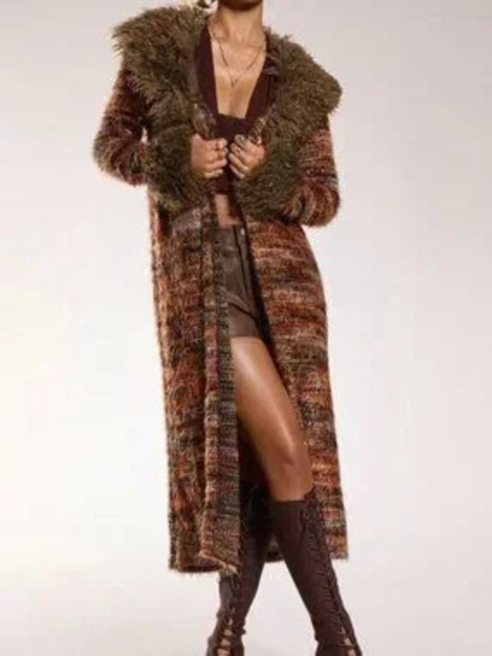 Multicolor Bohemian Women's Long Cardigan with Faux Fur Collar and Cuffs